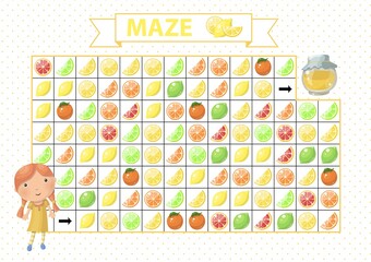 Maze game for children. Find the correct path by yellow lemon. Cartoon cute girl and jam