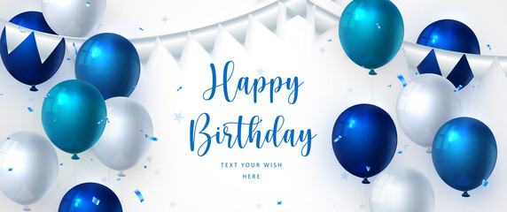 Elegant blue ballon and ribbon Happy Birthday celebration card banner template background - 443093107