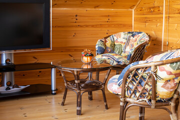 Furniture of a chair and the table made of rattan of the room