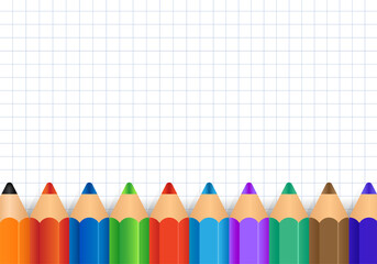 Colored pencils on the background of a notebook. Background for placing text. White blank checkered sheet. Vector illustration.