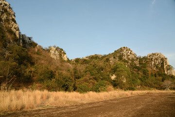 Bergkette und Blumenwiese in der Provinz Saraburi, Thailand