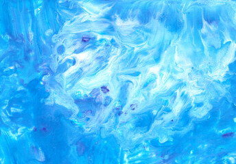 Abstract fluid art background. Blue, purple and white colors mix together. Beautiful creative print. Abstract art hand paint. Original artwork. Color splashing on paper. Interior picture