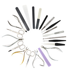 Set of cosmetic tools for manicure and pedicure isolated on a white background. Nail files,...