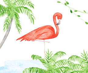 Watercolor flamingo, palms, and lianas on a white background. Hand-drawn pink bird illustration. Cute print of exotic animal and green plants. Colorful flamingo on one leg in the water.