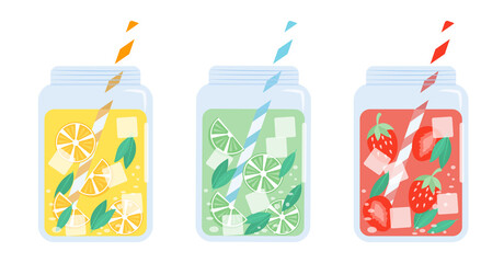 Set of Fresh Cocktails with Ice Cubes and Sliced Fruits in Glass. Lemonade Vector flat illustration.