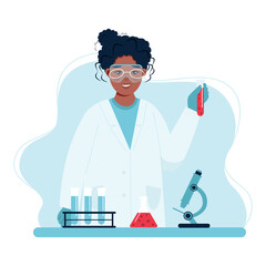 Female doctor in white medical uniform takes blood tests and holds a test tube in her hands. female scientist conducting experiments in lab.  Health chech up or medical insurance concept. Catroon Flat