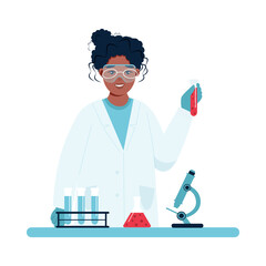 Female doctor in white medical uniform takes blood tests and holds a test tube in her hands. female scientist conducting experiments in lab.  Health chech up or medical insurance concept. Catroon Flat