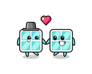 window cartoon character couple with fall in love gesture