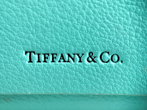 Cardiff, Wales - July 2021: Close up of Tiffany & Co. branding on glasses case.