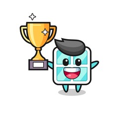 Cartoon Illustration of window is happy holding up the golden trophy