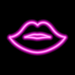 Pink neon lips on a black background. The contour of the women's lips. Kiss