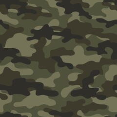 Camouflage seamless pattern. Trendy style camo, repeat print. Vector green illustration. Khaki texture, military army hunting