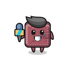 Character mascot of leather wallet as a news reporter