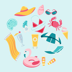 Vector summertime clipart. Summer set with cute beach elements: bikini, flip flops, swim ring, deck chair, glasses. flat cartoon vector illustration.

