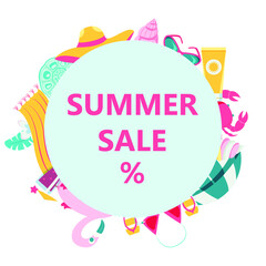 Vector summertime summer sale banner. Summer set with cute beach elements: bikini, flip flops, swim ring, deck chair, glasses. flat cartoon vector illustration. Circle composition. Season discount ann