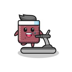 leather wallet cartoon character walking on the treadmill