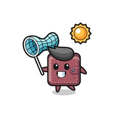 leather wallet mascot illustration is catching butterfly