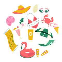 Vector summertime clipart. Summer set with cute beach elements: bikini, flip flops, swim ring, deck chair, glasses. flat cartoon vector illustration.

