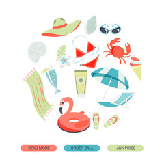 Vector summertime clipart. Summer set with cute beach elements: bikini, flip flops, swim ring, deck chair, glasses. flat cartoon vector illustration.

