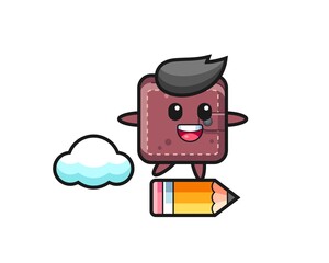 leather wallet mascot illustration riding on a giant pencil