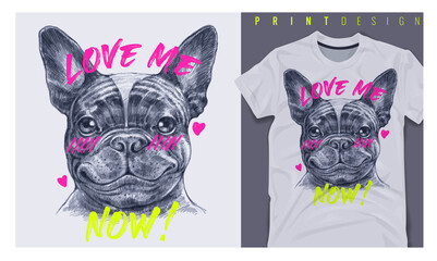 Graphic t-shirt design, love me now slogan with french bulldog,vector illustration for t-shirt.