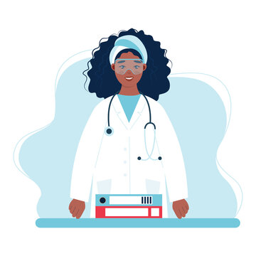 female doctor with stethoscope in standing position. Online doctor, Health chech up or medical insurance concept. Catroon Flat vector illustration.

