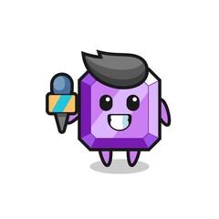 Character mascot of purple gemstone as a news reporter