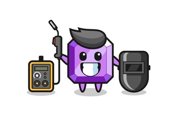 Character mascot of purple gemstone as a welder