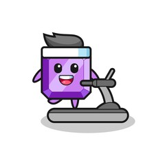purple gemstone cartoon character walking on the treadmill