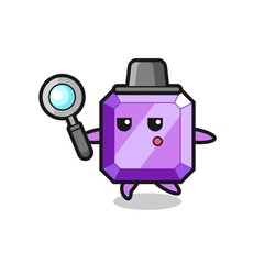 purple gemstone cartoon character searching with a magnifying glass
