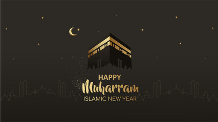 happy muharram islamic new year card design with holy kaaba