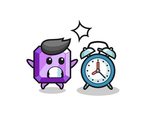 Cartoon Illustration of purple gemstone is surprised with a giant alarm clock