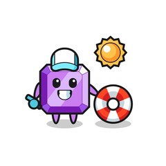 Cartoon mascot of purple gemstone as a beach guard