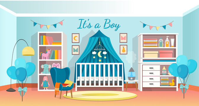 It's A Boy. Modern Blue Room Interior For Newborn Kid. Interior Bedroom For A Baby With A Cot, A Dresser, Armchair, A Shelf. Vector Illustration.