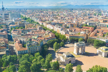 Fototapeta na wymiar Aerial view of Milan, Italy. In the foreground the famous 