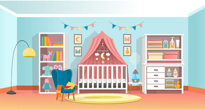 Modern room interior for newborn kid. Interior bedroom for a baby with a cot, a dresser, armchair, a shelf. Vector illustration.