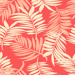 Tropical palm leaves. Seamless modern pattern for textiles, trendy fabrics, bed linen, decorative pillows, wallpaper in pastel pink colors. Vector.