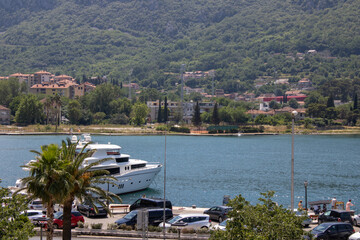 Beautiful sea and mountain views under the bright blue sky. View to the Kotor bay Montenegro to Adriatic sea.