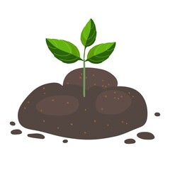 Green sprout growing out from soil isolated on white background. Growing plant seeds with green leaves. Agriculture, ecology, environment cartoon flat vector design elements illustration.