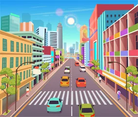 Foto op Aluminium Сity building houses with shops.Vector illustration in cartoon style.Urban skyscraper buildings view modern cityscape.Perspective road  with zebra crossing. © NADEZHDA