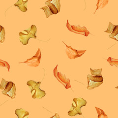 watercolor autumn dry leaves pattern. Template for decorating designs and illustrations.