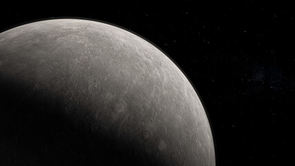 Vista desde el espacio de Mercurio con estrellas de fondo.	