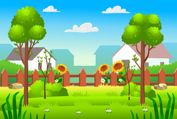 Back yard with green lawn, fence and trees. Village, country house with grass.Vector cartoon flat illustration.