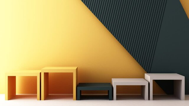 Minimal abstract geometric background with direct sunlight in shades of green and yellow. Showcase scene with empty podium for product presentation 3d rendering animation loop