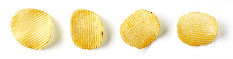 Potato chips isolated on white background, from above