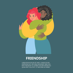 Vector cartoon illustration of Happy meeting of two Friends hugging. Two woman happy to each other. Love, relatives, friends.