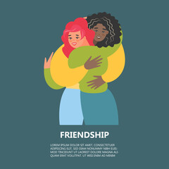 Vector cartoon illustration of Happy meeting of two Friends hugging. Two woman happy to each other. Love, relatives, friends.

