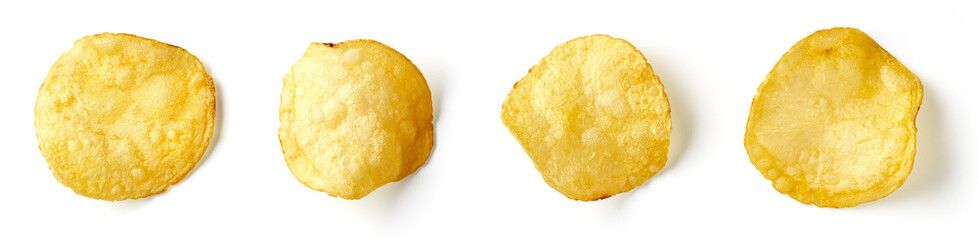 Potato chips isolated on white background, from above