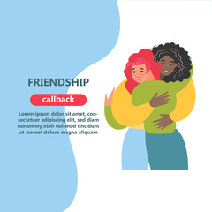 Vector cartoon illustration of Happy meeting of two Friends hugging. Two woman happy to each other. Love, relatives, friends.