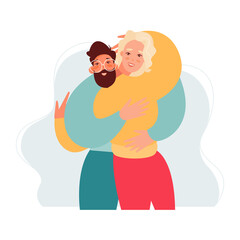Vector cartoon illustration of Happy meeting of two Friends hugging. Two men happy to each other. Love, relatives, friends.

